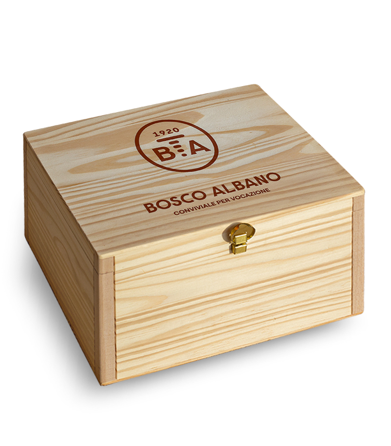 Cassetta in legno con logo Bosco Albano da 6 bottiglie