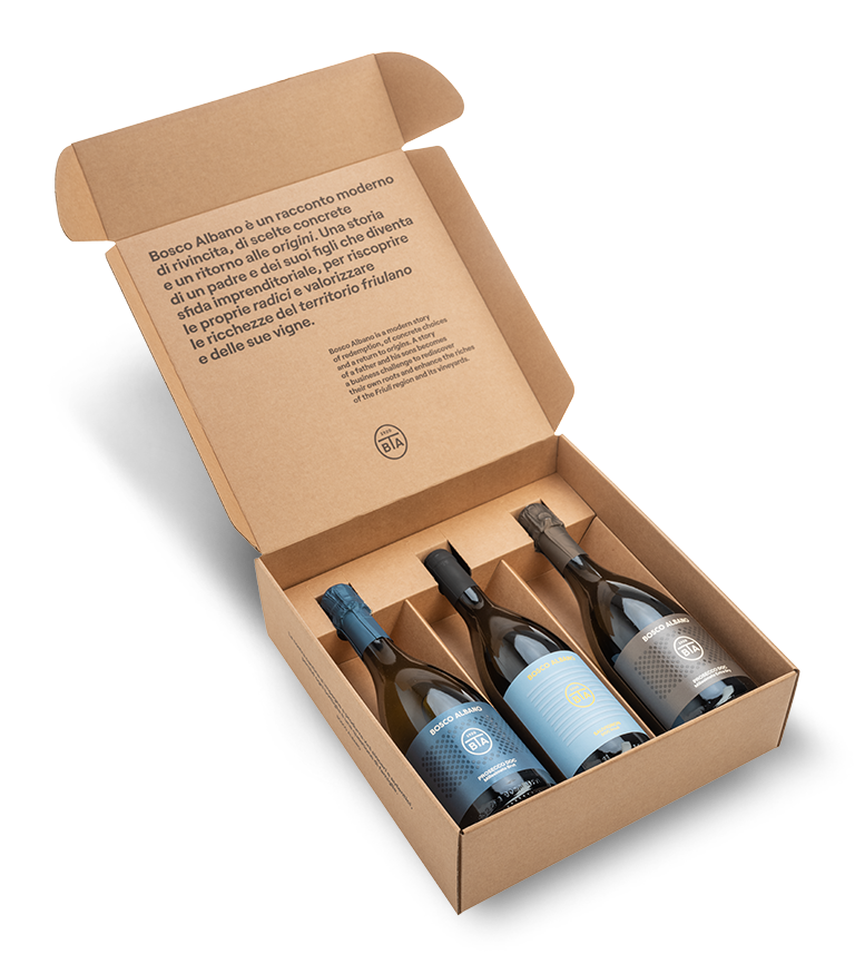 Cofanetto Bosco Albano con tre bottiglie